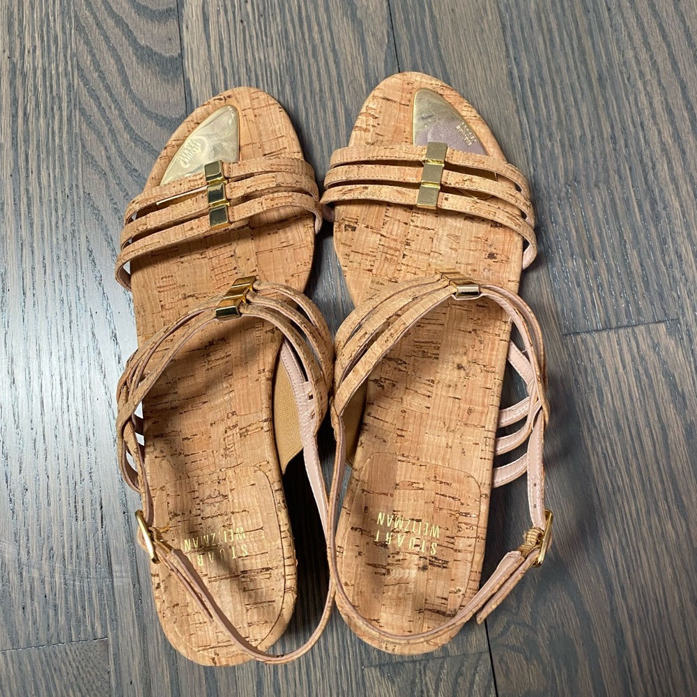 Stuart Weitzman Demi-Wedge Cork and Gold Plated Sandals